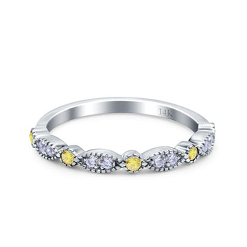 14K White Gold Half Eternity Art Deco Round Wedding Band Simulated Yellow CZ Ring